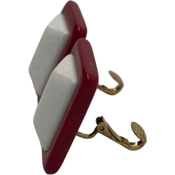 1980s Retro Raspberry Pink & White Geometric Clip-On Earrings Statement Jewelry - Picture 3 of 8